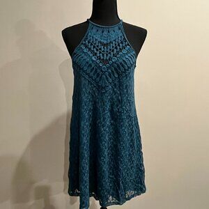 Boho Crochet Halter Dress - Teal Blue - Size Small